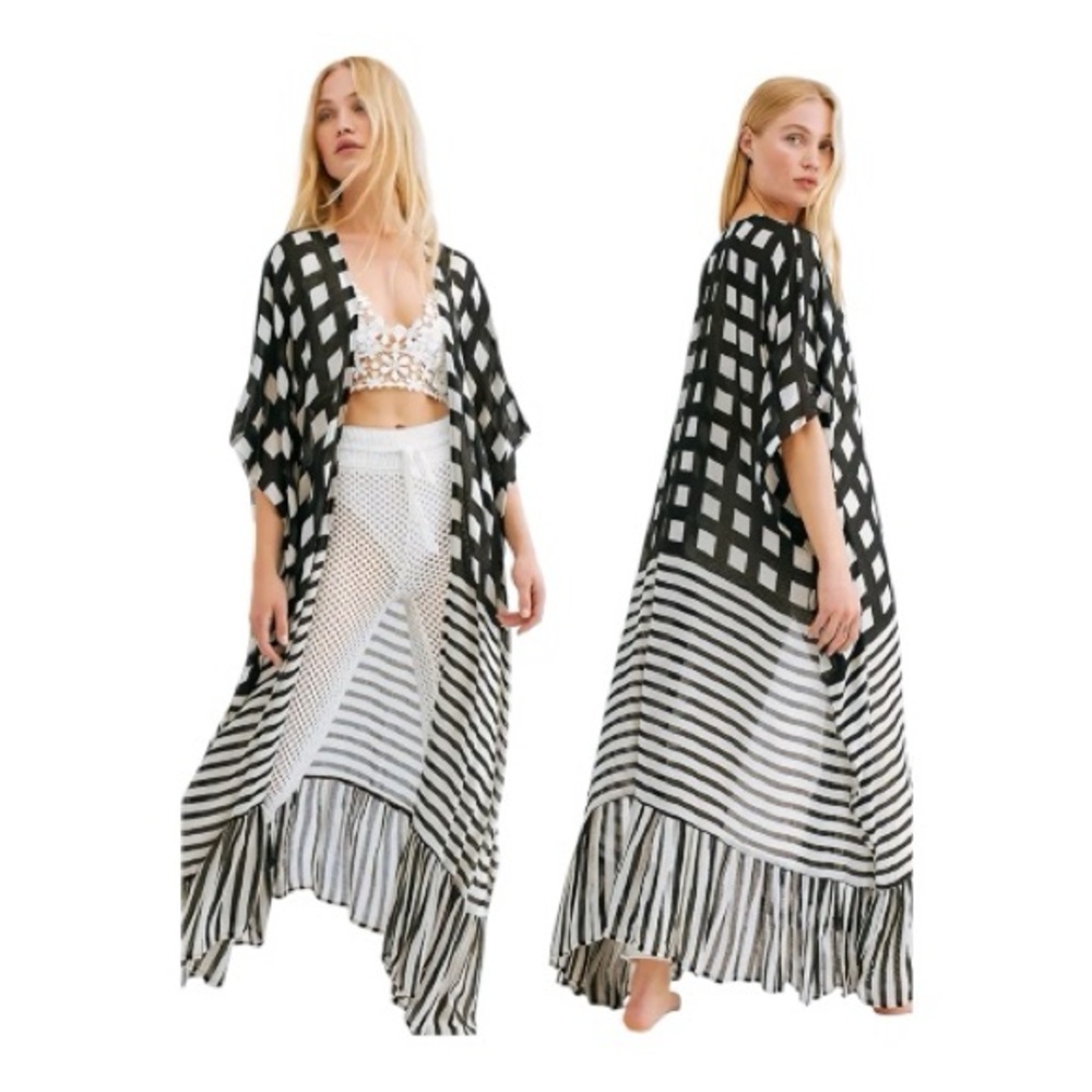 New! Women's Bohemian Geometric Black & White Chiffon Kimono Cover-Up One Size